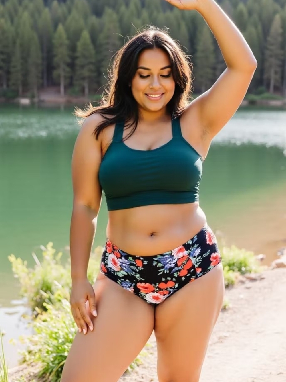Green Square-Neck Tank Bikini Top with Floral High-Waist Bottoms SZ XL